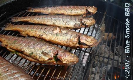 Picture of hot smoked trout by Blue Smoke BBQ.